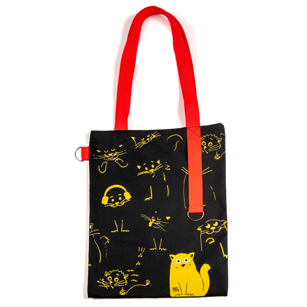Шоппер черный, красные ручки, с котиками и лого 1С